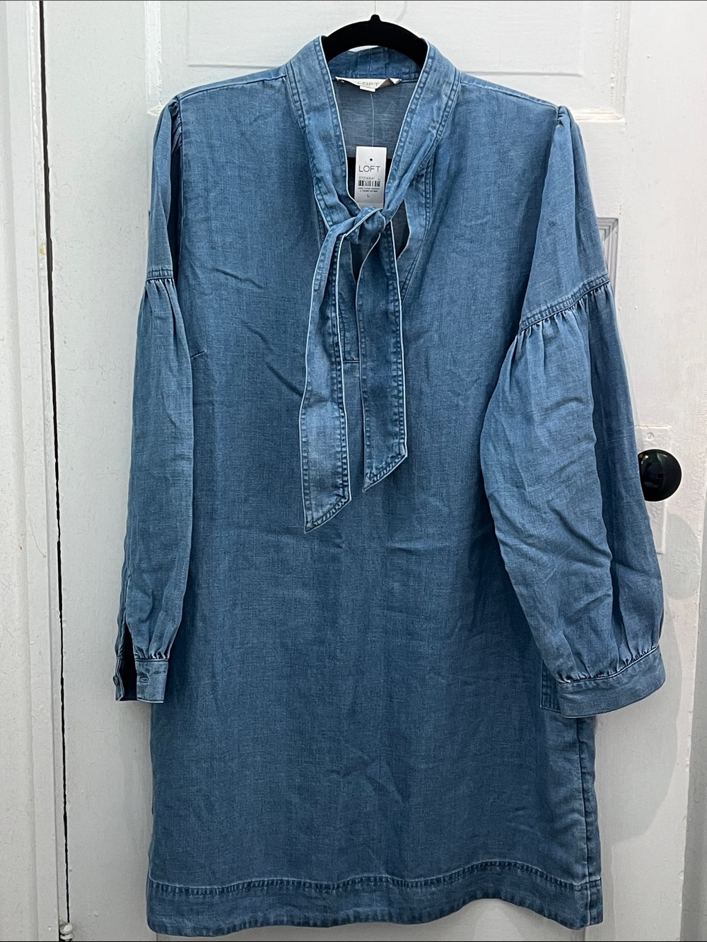 LOFT Denim Tie-Neck Long Sleeve Dress in Light Blue